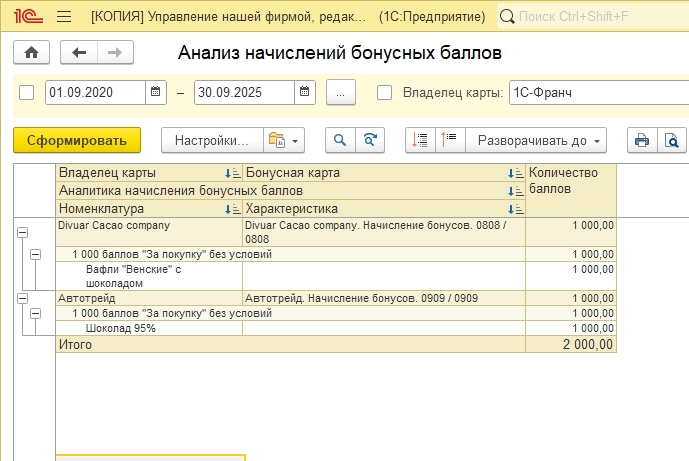Анализ начислений бонусных баллов - Отчет УНФ 3.0